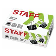Зажимы для бумаг STAFF" EVERYDAY", комплект 12 шт., 41 мм, 200 листов, черные, картонная коробка, 224609