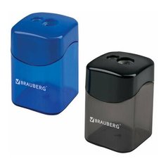 Точилка BRAUBERG "Win", 2 отверстия для чернографитных карандашей (в том числе утолщенных), с большим контейнером, с крышкой, ассорти,222495