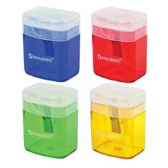 Точилка BRAUBERG "OfficeBox", с контейнером и крышкой, прямоугольная, в упаковке с подвесом, ассорти, 222494