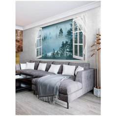 Фотообои Открытое окно с видом на лес в тумане/ Красивые уютные обои на стену в интерьер комнаты/ 3Д расширяющие пространство над кроватью или над столом/ На кухню в спальню детскую зал гостиную прихожую/ размер 200х129см/ Флизелиновые
