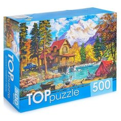 Пазлы 500 TOPpuzzle "Домик у озера в горах" Рыжий кот