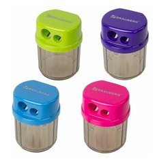 Точилка BRAUBERG "Drum Dual", 2 отверстия для чернографитных карандашей (в том числе утолщенных), с контейнером, корпус ассорти, 228436