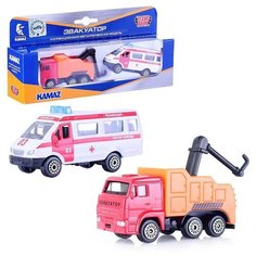 Машина металл KAMAZ эвакуатор, 7,5 см+машинка 7,5 см, кор. Технопарк
