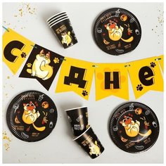 Набор бумажной посуды "Котик обжора", 6 тарелок, 6 стаканов, 1 гирлянда 6853476 Страна Карнавалия