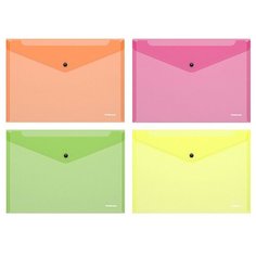 Папка-конверт на кнопке пластиковая Fizzy Neon, полупрозрачная, A4, ассорти Erich Krause