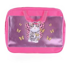 Папка-сумка с ручкой "Котенок - бабочка" формат А4, увеличенная боковина 75мм, текстильная, вставка - голографический кожзам с полноцветной печатью, полиэстер Centrum