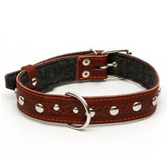 Ошейник кожаный на фетре украшеный, 65 х 3,5 см, ОШ 50-60 см, коричневый Пижон