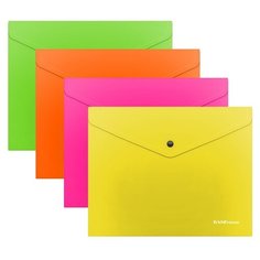 Папка-конверт на кнопке пластиковая ErichKrause Glossy Neon, полупрозрачная, A5+, ассорти (в пакете по 12 шт.)