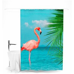 Шторка для ванной "Пейзаж с фламинго" Сирень