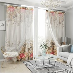 Комплект штор с тюлем на шторной ленте Сирень 18537, 145*260 см, 2 шт, подхват 2 шт.