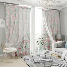 Комплект штор с тюлем на шторной ленте Сирень 145*260 см, 2 шт, подхват 2 шт.