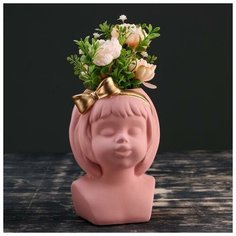 TAKE IT EASY Кашпо керамическое "Девочка с золотым бантом", розовое 19*9см