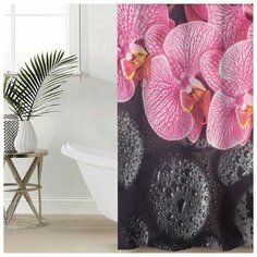 Сирень Штора для ванной комнаты «Орхидея на чёрных камнях», 145×180 см, оксфорд