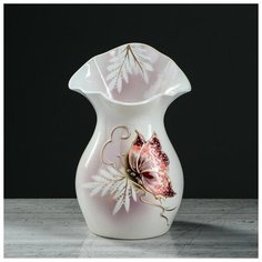 Керамика ручной работы Ваза "Бутон" 22 см, бело-розовая, бабочка, керамика