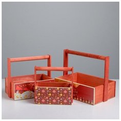 Дарите Счастье Наборы деревянных ящиков с ручкой 3 в 1, красный паттерн, 31 х 21 х 26 см