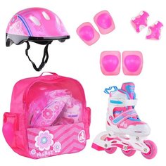 Набор роликовые коньки раздвижные FLORET White Pink Blue, шлем, набор защиты, в сумке (XS: 27-30) Alpha Caprice