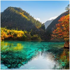 Алмазная мозаика "Лазурное озеро в горах", блестящая, 30x30 см, с подрамником Рыжий кот