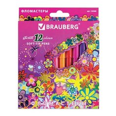 Фломастеры BRAUBERG "Blooming flowers", 12 цветов, вентилируемый колпачок, картонная упаковка с фольгой, 150560