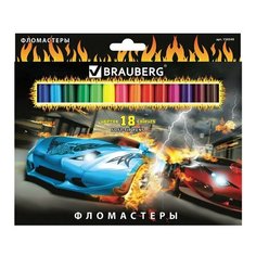 Фломастеры BRAUBERG "InstaRacing", 18 цветов, вентилируемый колпачок, карт. упаковка, выборочный лак, увел. срок службы, 150549