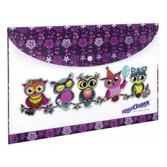 Папка-конверт с кнопкой юнландия "Умные совы", А4, 160 мкм, до 100 листов, цветная печать, 228047