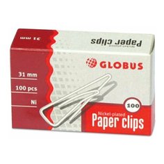 Скрепки, 31 мм, никелированные, с загнутым краем, треугольные, 100 шт., в картонной коробке, GLOBUS, С31-100Н Глобус