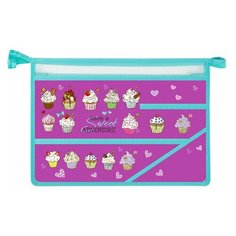 Папка для труда BRAUBERG А4, 2 отделения, пластик, молния сверху, органайзер, "Cup Cakes", 229134