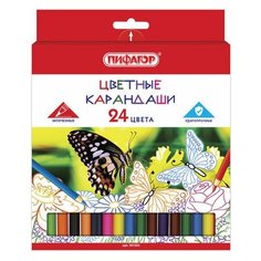 Карандаши цветные пифагор "бабочки", 24 цвета, классические заточенные, 181353