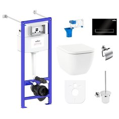 Комплект 9 в 1 Lavinia Boho One Rimless 97020136, безободковый унитаз, сиденье микролифт, инсталляция, крепление, клавиша смыва, шумоизоляция, диспенсер, ершик, держатель туалетной бумаги