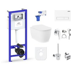 Комплект 10 в 1 Lavinia Boho Bell Pro Rimless 98010097, безободковый унитаз, сиденье микролифт, инсталляция, крепление, клавиша смыва, шумоизоляция, диспенсер, смеситель с гигиеническим душем, ершик, держатель туалетной бумаги