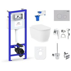 Комплект 10 в 1 Lavinia Boho Bell Pro Rimless 98010103, безободковый унитаз, сиденье микролифт, инсталляция, крепление, клавиша смыва, шумоизоляция, диспенсер, смеситель с гигиеническим душем, ершик, держатель туалетной бумаги