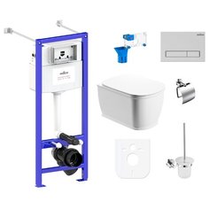 Комплект 9 в 1 Lavinia Boho Bell Pro Rimless 97020099, безободковый унитаз, сиденье микролифт, инсталляция, крепление, клавиша смыва, шумоизоляция, диспенсер, ершик, держатель туалетной бумаги