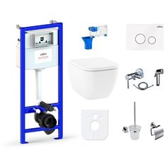 Комплект 10 в 1 Lavinia Boho One Rimless 98010047, безободковый унитаз, сиденье микролифт, инсталляция, крепление, клавиша смыва, шумоизоляция, диспенсер, смеситель с гигиеническим душем, ершик, держатель туалетной бумаги