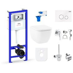 Комплект 10 в 1 Lavinia Boho One Rimless 98010143, безободковый унитаз, сиденье микролифт, инсталляция, крепление, клавиша смыва, шумоизоляция, диспенсер, смеситель с гигиеническим душем, ершик, держатель туалетной бумаги