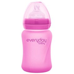 EveryDay Baby Бутылочка стеклянная Healthy + с индикатором температуры и защитным силиконовым покрытием, 150 мл, с рождения, розовый