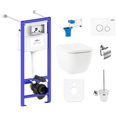 Комплект 9 в 1 Lavinia Boho One Rimless 97020143, безободковый унитаз, сиденье микролифт, инсталляция, крепление, клавиша смыва, шумоизоляция, диспенсер, ершик, держатель туалетной бумаги