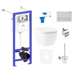 Комплект 9 в 1 Lavinia Boho One Rimless 97020135, безободковый унитаз, сиденье микролифт, инсталляция, крепление, клавиша смыва, шумоизоляция, диспенсер, ершик, держатель туалетной бумаги