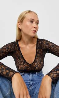 Stradivarius Боди С Кружевной Отделкой Черный M