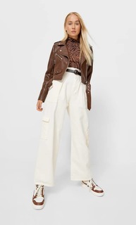 Stradivarius Куртка В Байкерском Стиле, Из Искусственной Кожи С Поясом Коричневый Xs