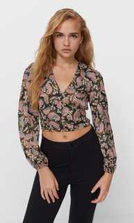 Stradivarius Блуза С Принтом И V-Образным Вырезом Черный L