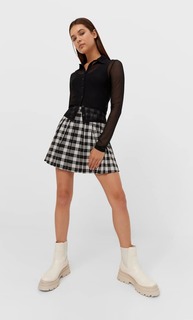 Stradivarius Юбка В Складку Из Клетчатой Ткани Цвет Небеленого Полотна M