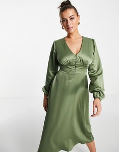 Атласное платье миди цвета хаки на пуговицах Flounce London-Голубой