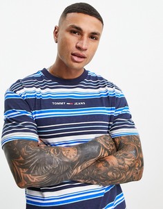 Темно-синяя футболка в разноцветную полоску с линейным логотипом Tommy Jeans-Темно-синий