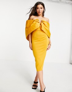 Горчичное платье-футляр с драпировкой на рукавах и открытыми плечами ASOS DESIGN-Разноцветный