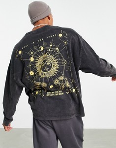 Черный выбеленный oversized-лонгслив из органического хлопка с принтом звездного неба на спине ASOS DESIGN-Черный цвет