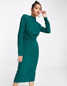 Зеленое платье миди с подплечниками, высоким воротом и перекрученной отделкой спереди ASOS DESIGN-Зеленый цвет