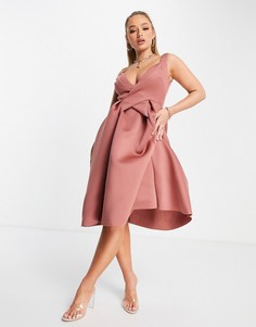Розовое платье миди на бретельках с запахом и складками ASOS DESIGN-Розовый цвет