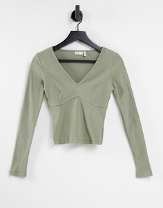 Оливковый топ в рубчик с глубоким вырезом и декоративным швом на груди ASOS DESIGN-Зеленый цвет