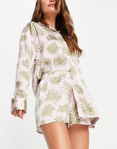 Розовый атласный пижамный комплект из рубашки и шорт с принтом папоротника Topshop-Розовый цвет