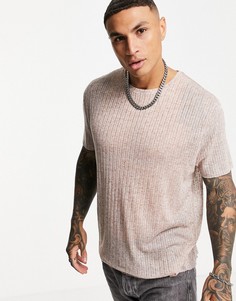 Светло-коричневая свободная футболка из легкого трикотажа в рубчик с необработанными краями ASOS DESIGN-Коричневый цвет