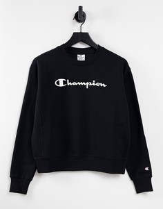 Свободный укороченный свитшот черного цвета с крупным логотипом Champion-Черный цвет
